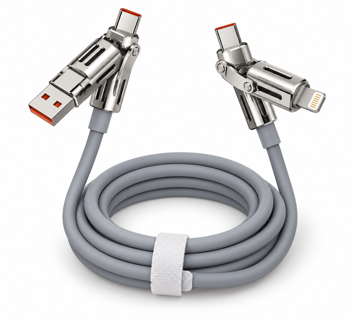Grey 1.5m 4-in-1 charging cable with USB-A, USB-C and Lightning connectors