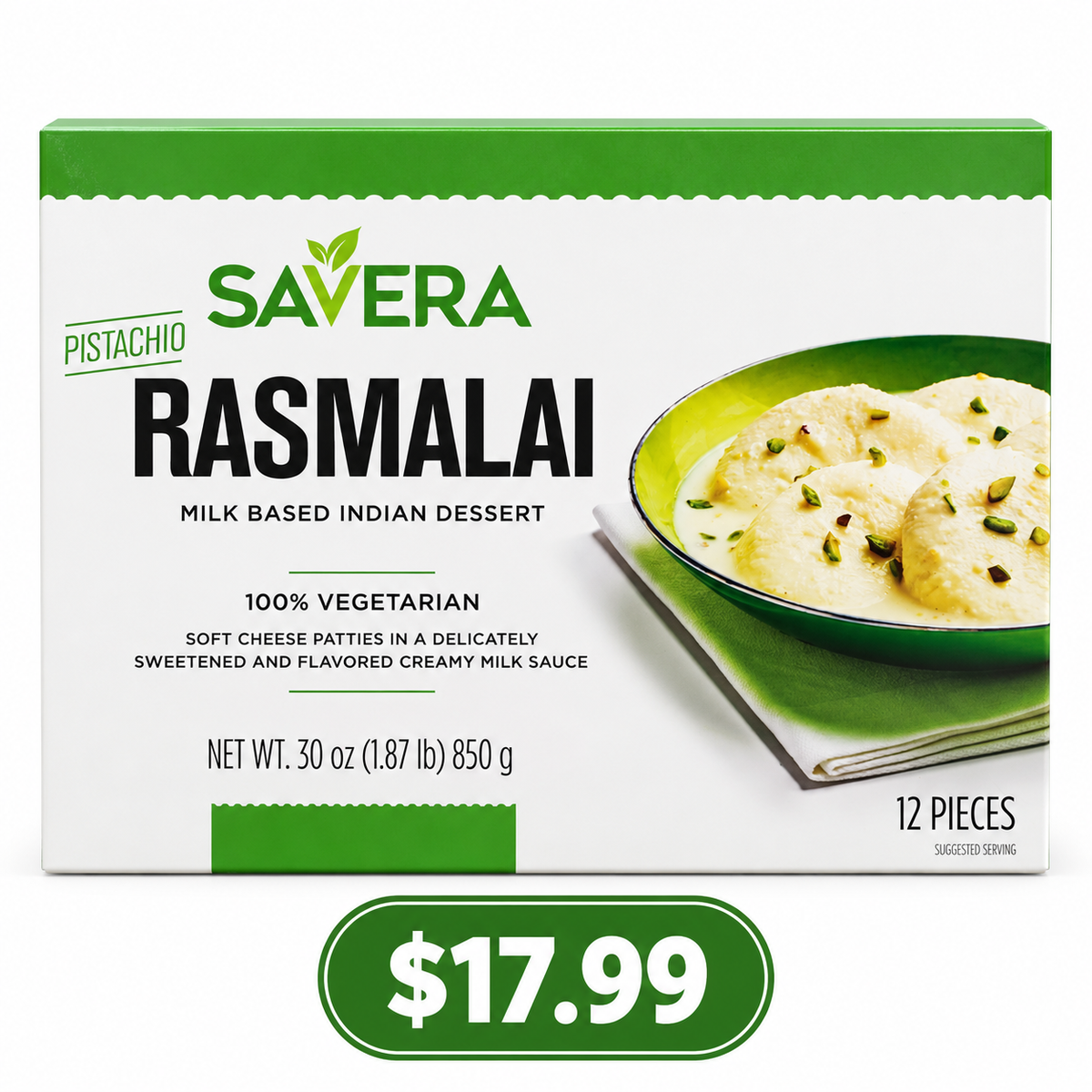 Savera Pistachio Rasmalai 850g (12 Pieces)