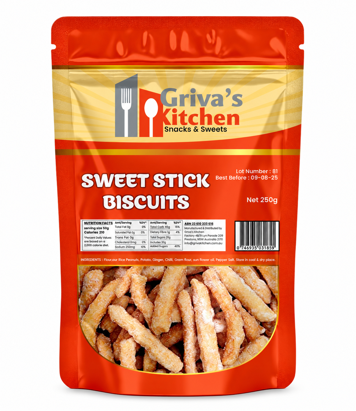Griva’s Kitchen Sweet Stick Biscuits 250g front-facing packet