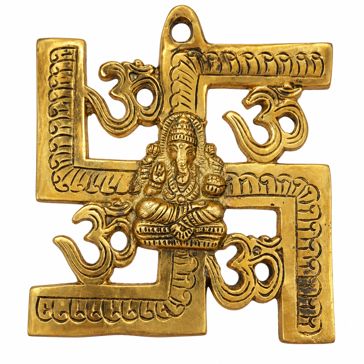 Heavy brass Ganesh Om Swastika religious wall hanging, 6 by 6 inches