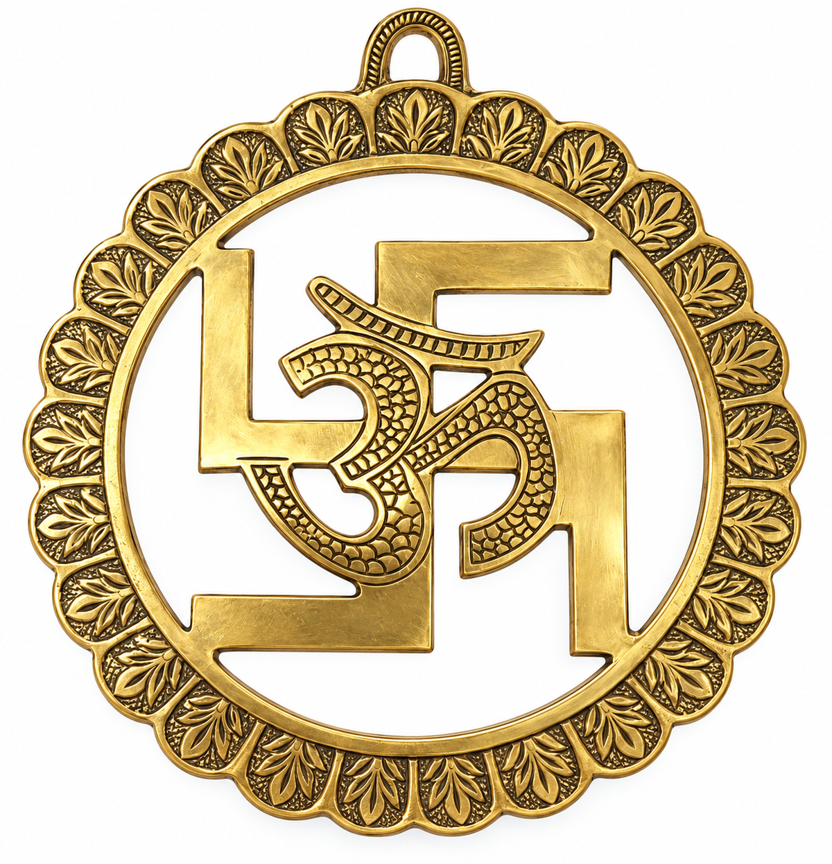 Heavy brass Om Swastika circle wall hanging, 7.5 inch