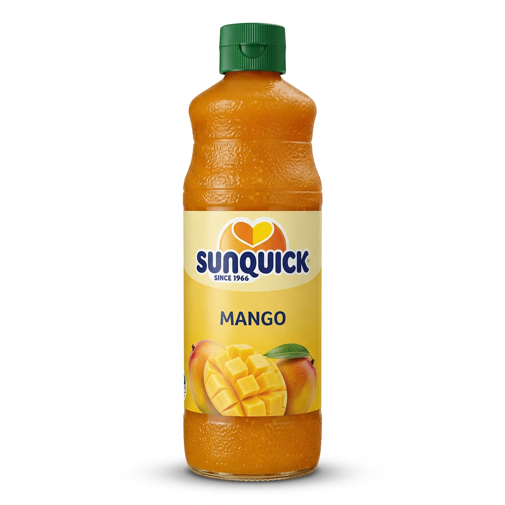 Sunquick Mango drink concentrate bottle on white background