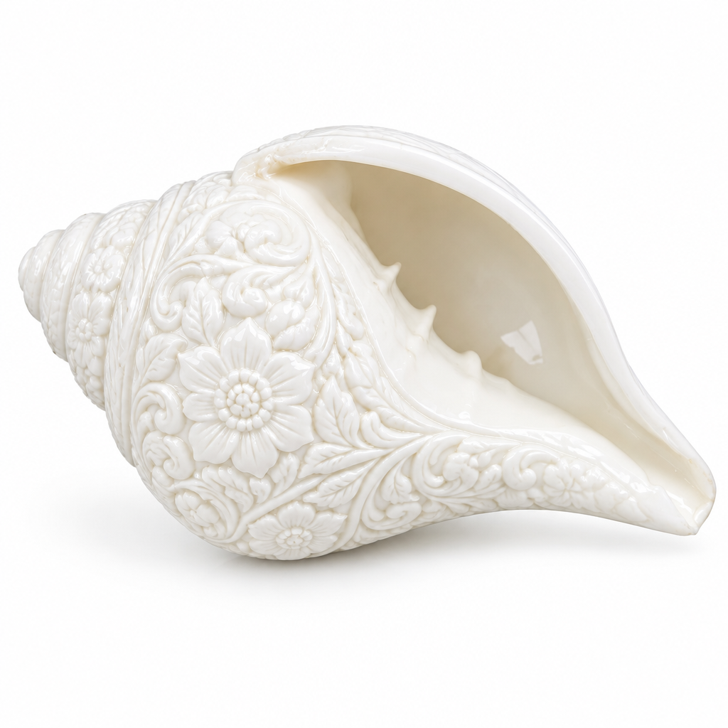 Large Shankh for Puja – Engraved White Conch Shell (6" x 3" x 3")