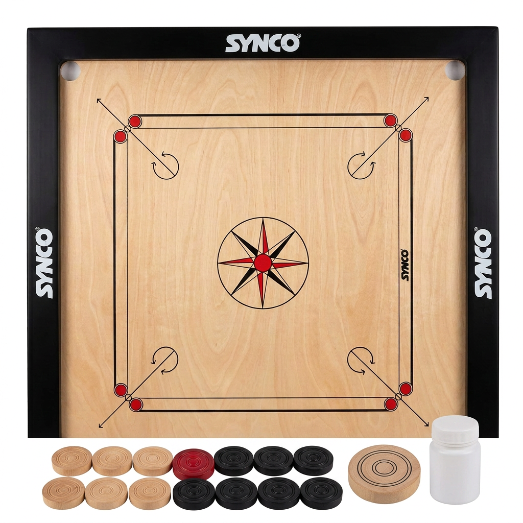 Synco Carrom Board – 42 × 42 inch with Coins Stricker and Powder