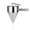 Unbranded selroti dispenser with batter flowing down on a white background