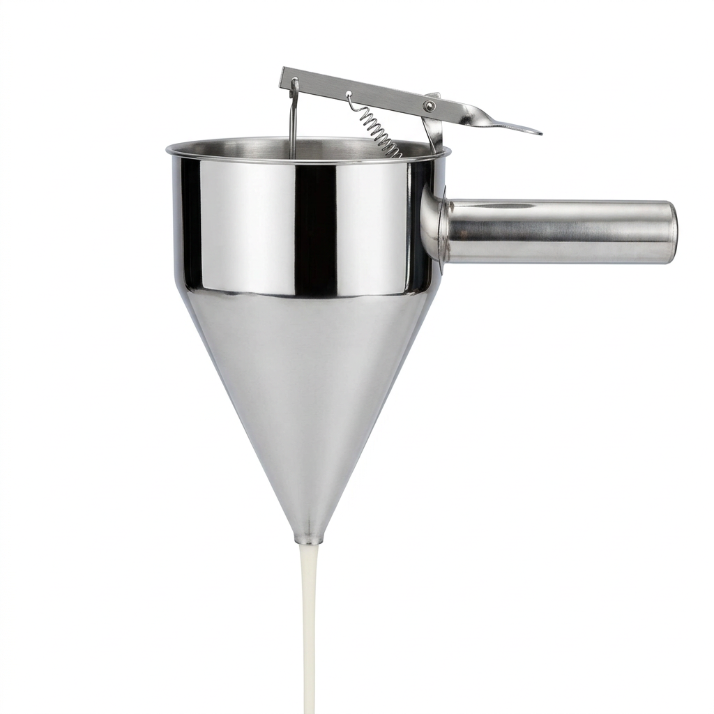 Unbranded selroti dispenser with batter flowing down on a white background