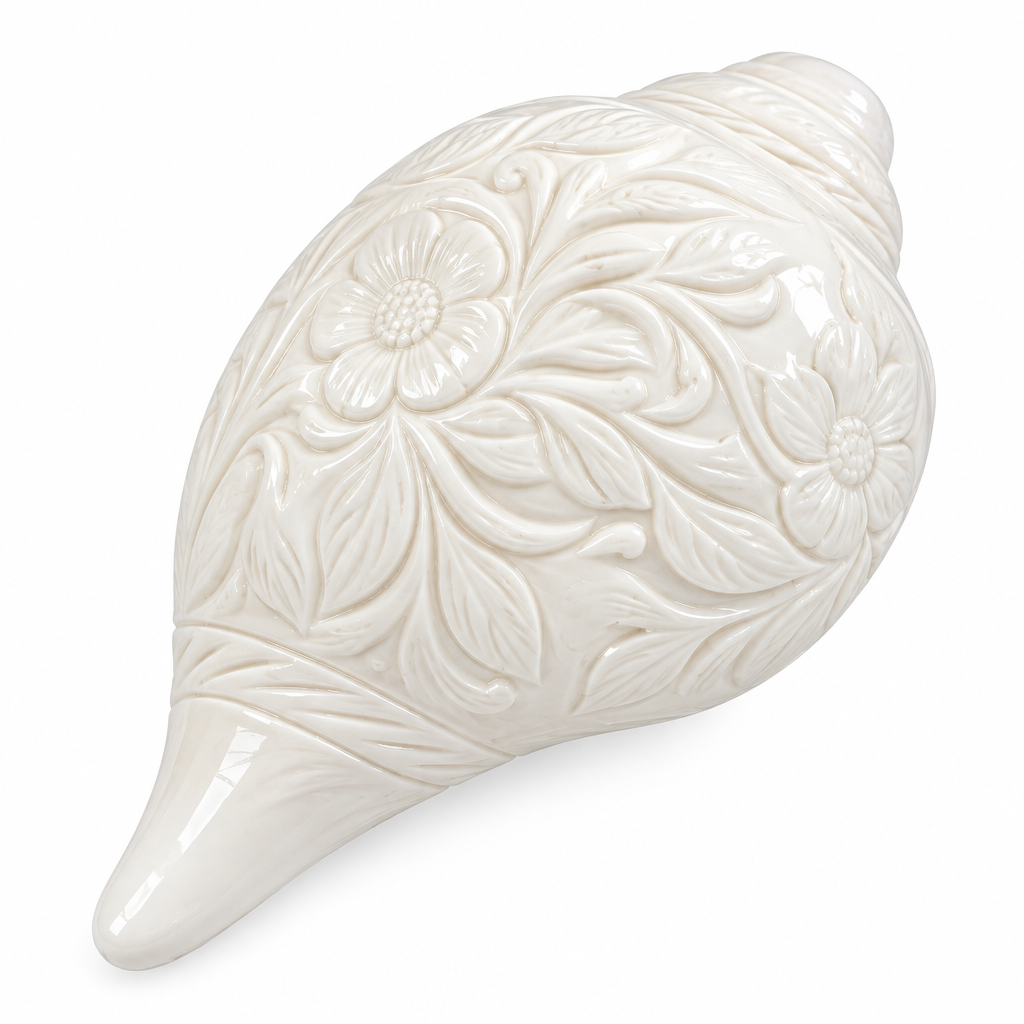 Large Shankh for Puja – Engraved White Conch Shell (6" x 3" x 3")