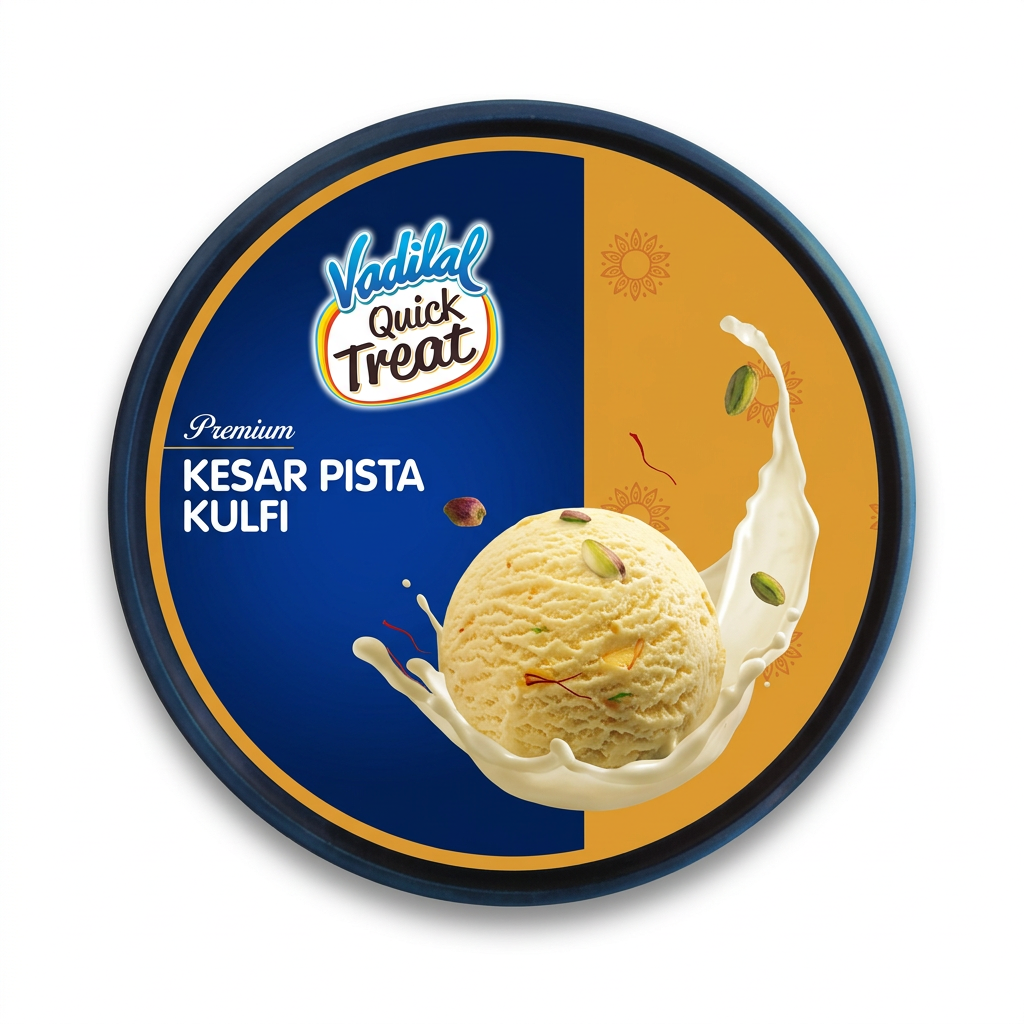 Vadilal Quick Treat Kesar Pista Kulfi lid, top view