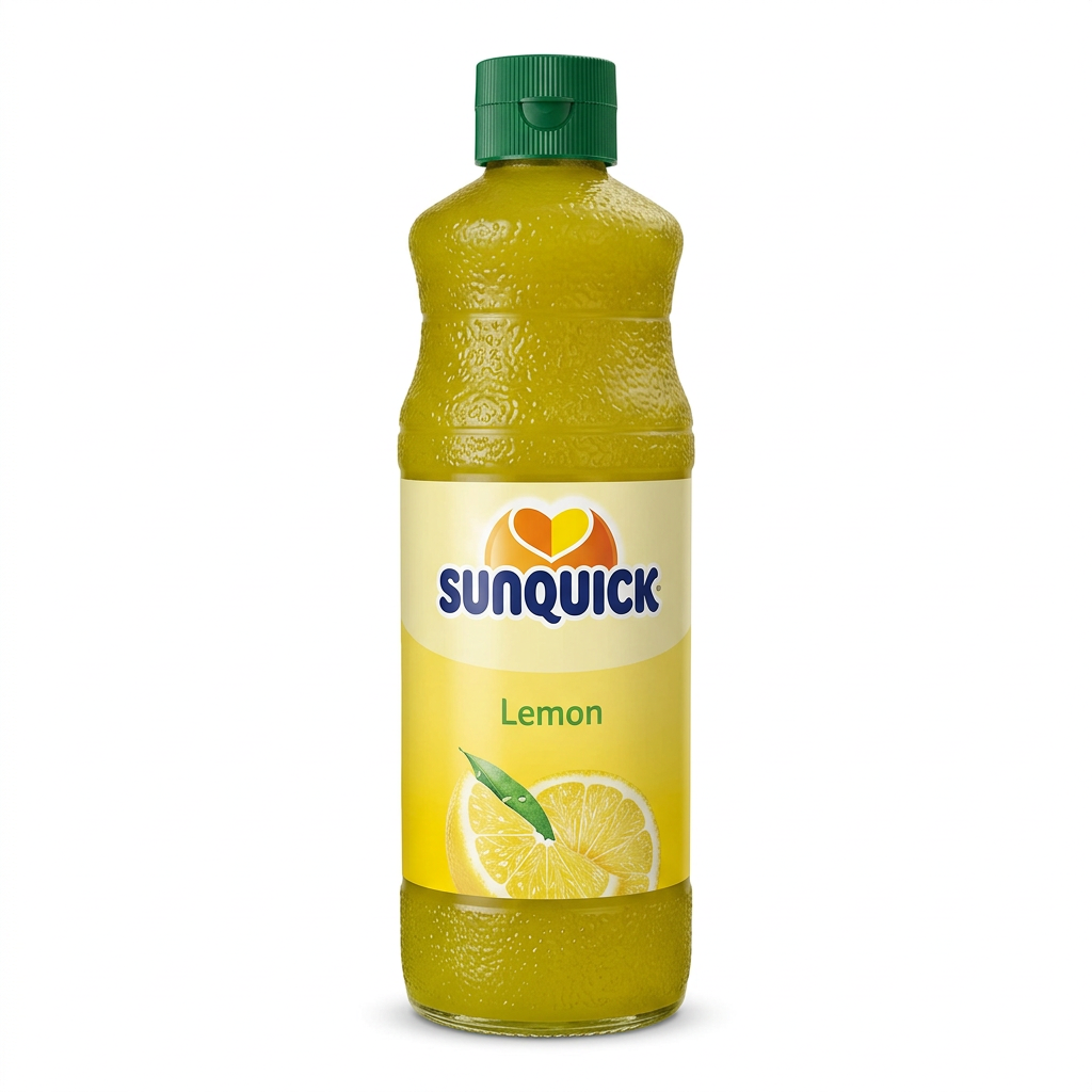 Sunquick Lemon drink concentrate bottle with green cap on white background