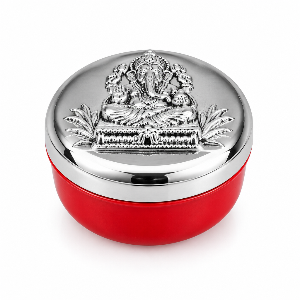 Sindoor Dibbi – Small Red Box with Silver Ganesh Lid