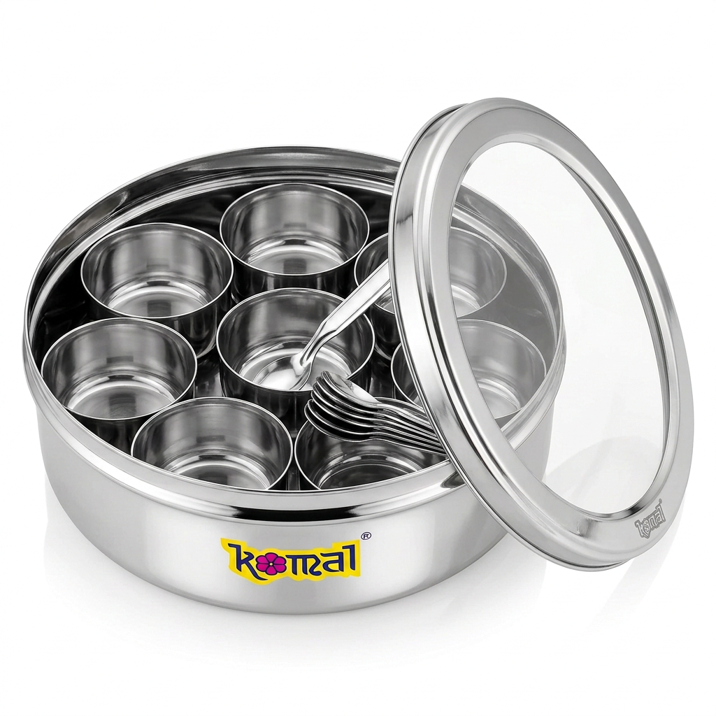 Masala dabba with a see-through lid and no knob