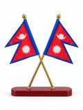 Nepal double flag tabletop stand with crossed gold-coloured poles and dark red base