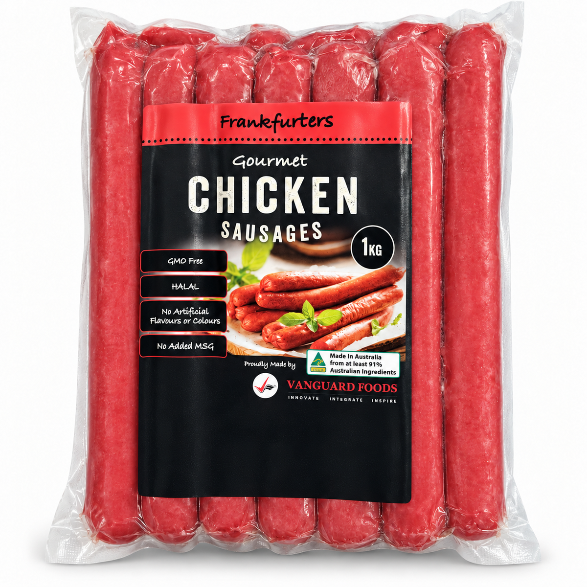 Gourmet Frankfurters Chicken Sausage 1kg — AI-refined from supplied freezer photo; packaging details may vary
