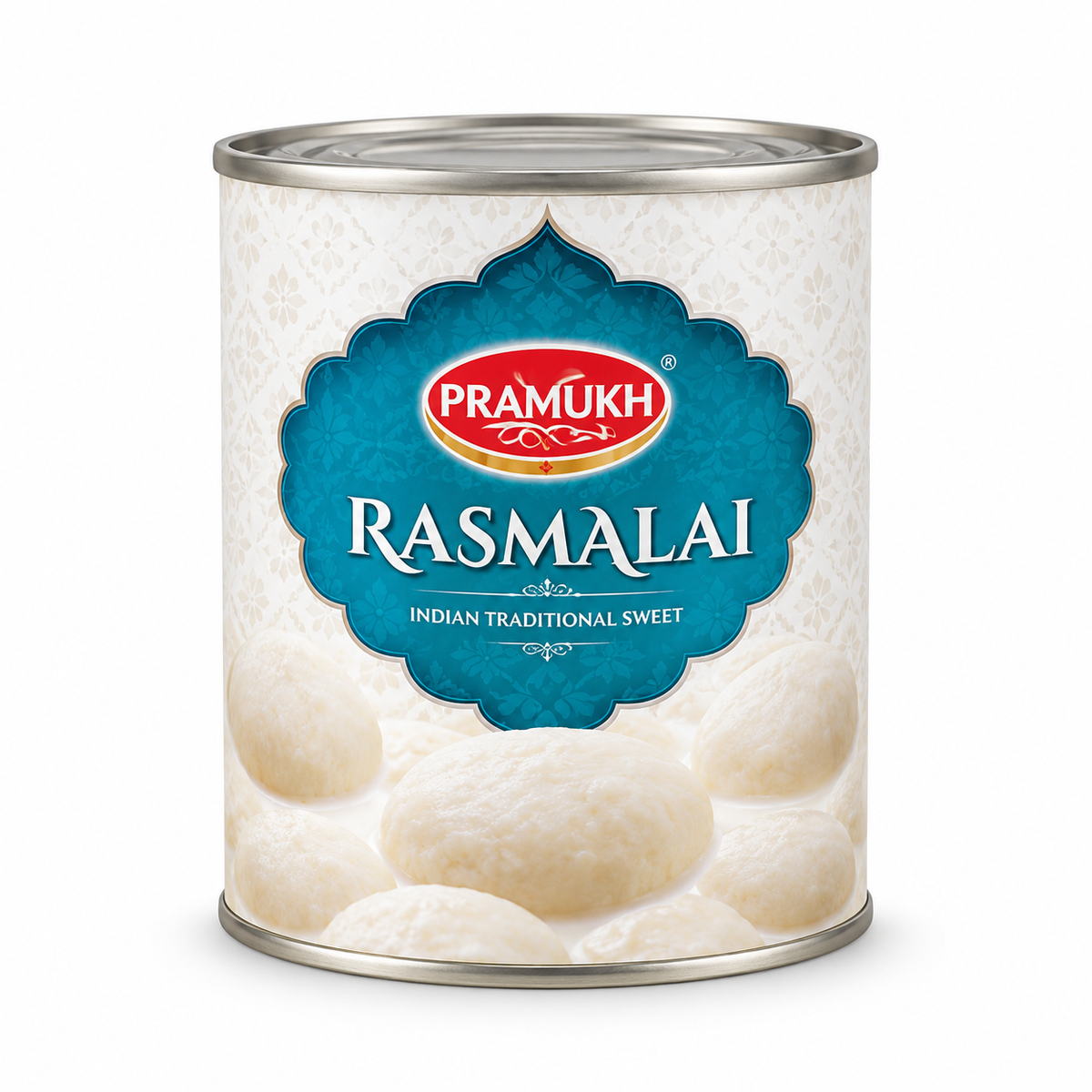 Pramukh Rasmalai — AI-refined from supplied shelf photo; packaging details may vary