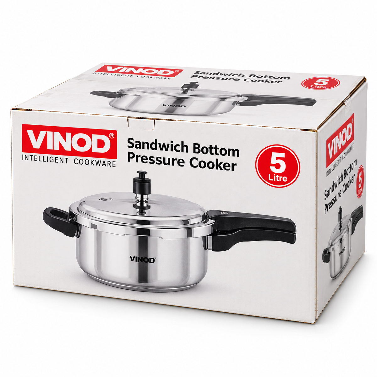 5l GV Vinod Pressure Cooker 18/8 Staineless Steel Ss — AI-refined from supplied shelf photo; packaging details may vary
