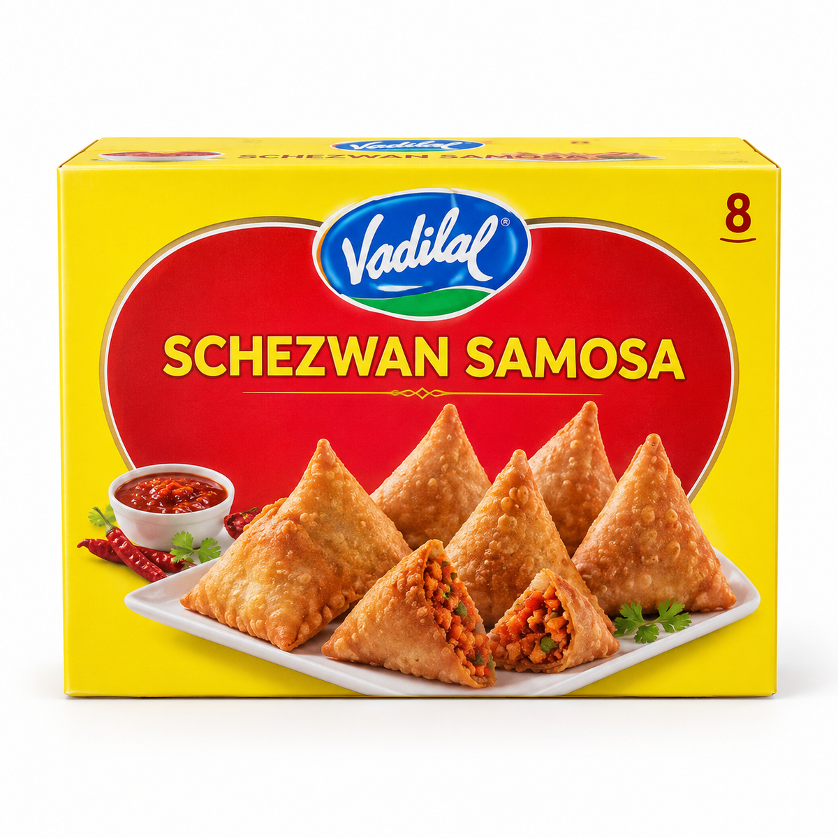 Vadilal Schezwan Samosa 410g — AI-refined from supplied freezer photo; packaging details may vary