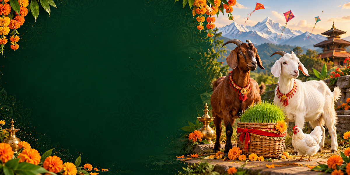 Dashain festival illustration with goats, jamara, marigolds and Himalayan mountains