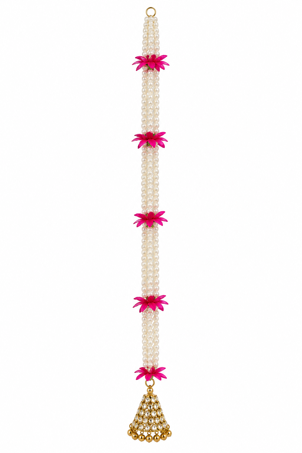 White Bead & Pink Flower Hanging with Decorative Bell – enhanced from display photograph