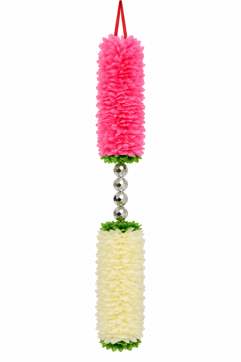 Pink & Cream Fluffy Flower Hanging with Mirror Beads – enhanced from display photograph