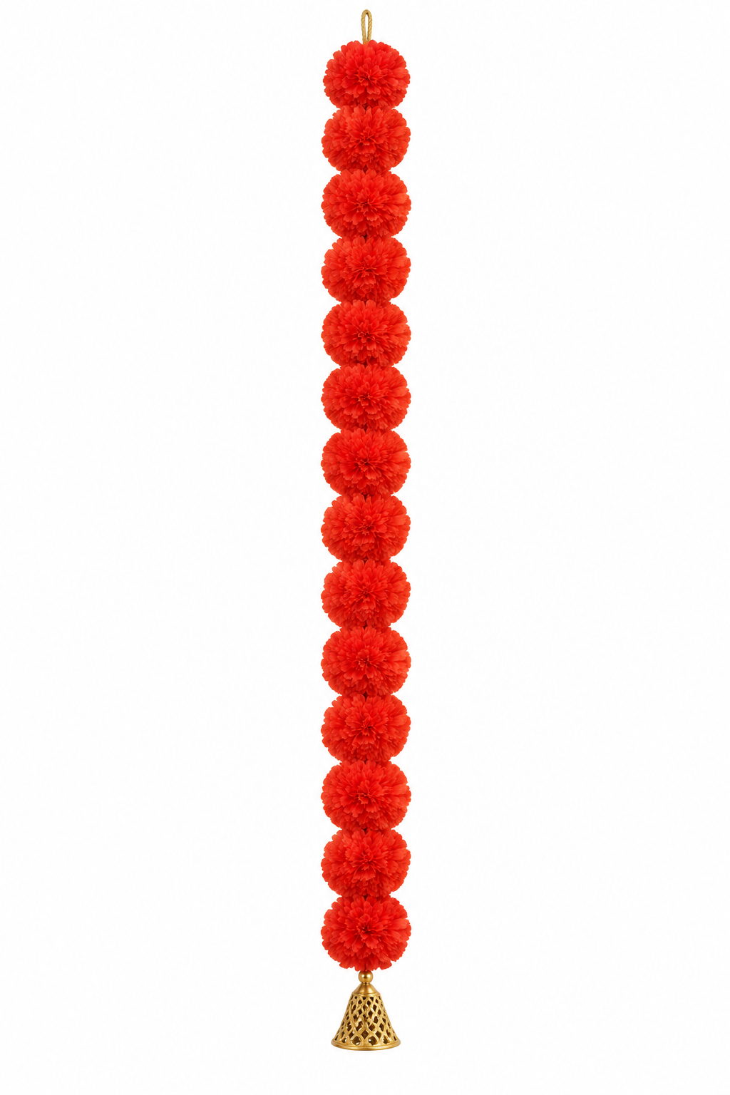 Red-Orange Marigold Style Flower String with Decorative Bell – enhanced from display photograph