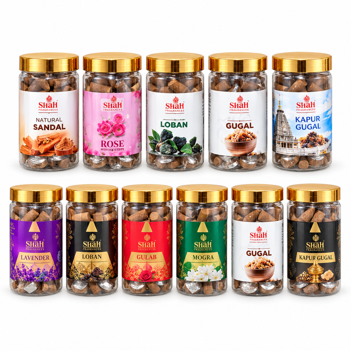 Shah Fragrances dhoop jar varieties including Sandal, Rose, Loban, Gugal, Kapur Gugal, Lavender, Gulab and Mogra
