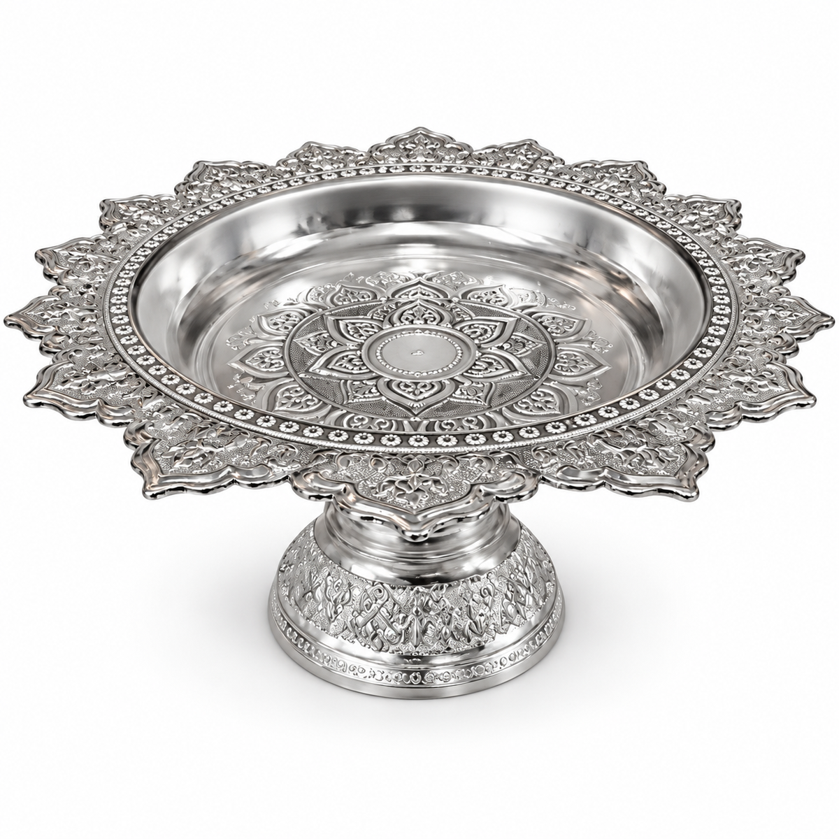26cm silver-coloured decorative pedestal puja plate — enhanced product photo