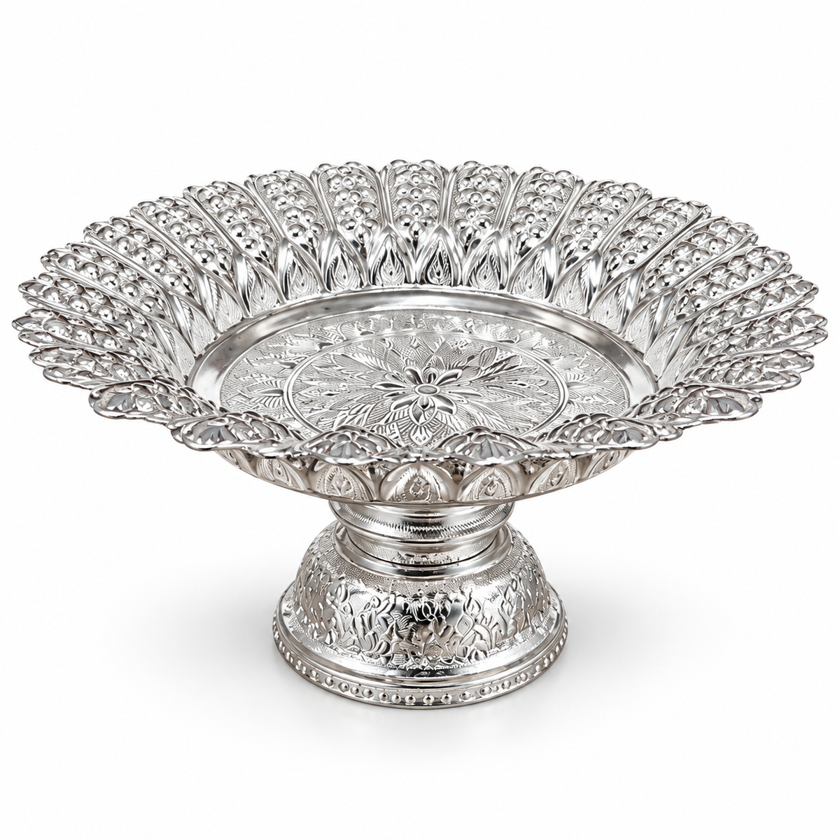 32cm silver-coloured decorative pedestal puja plate — enhanced product photo