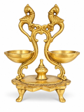 Solid brass double sided diya deepam 7 inch with two oil bowls and bird carvings