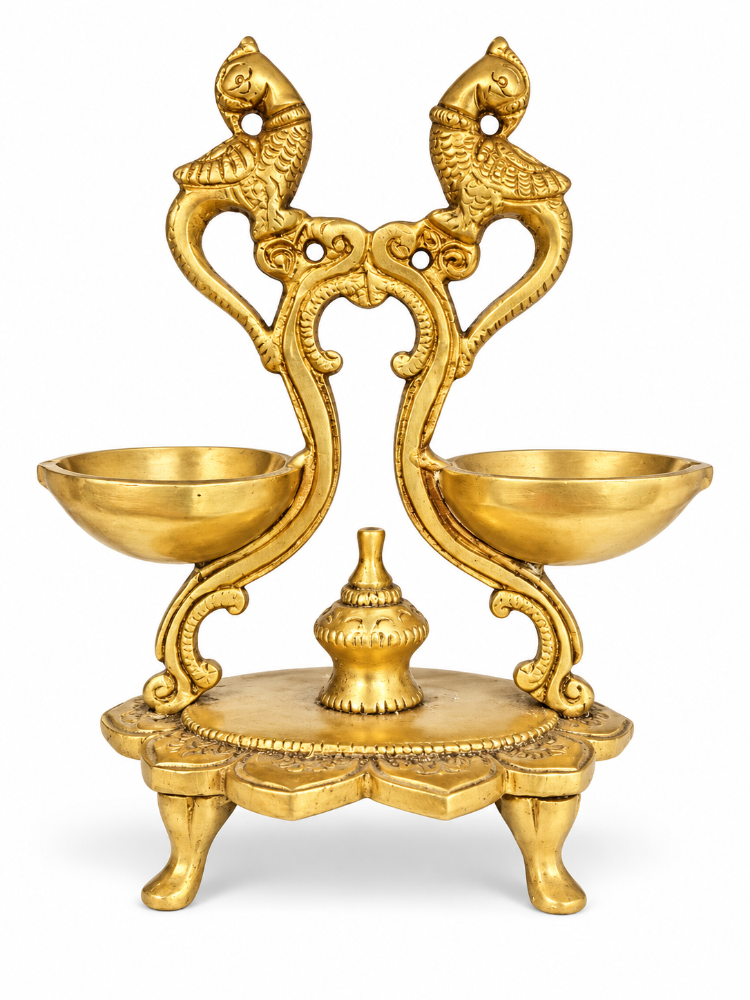 Solid brass double sided diya deepam 7 inch with two oil bowls and bird carvings
