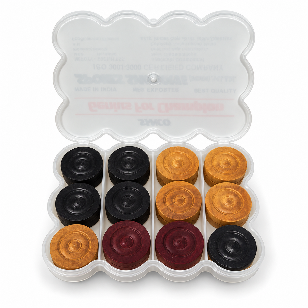 Synco Carrom Men Set – open case